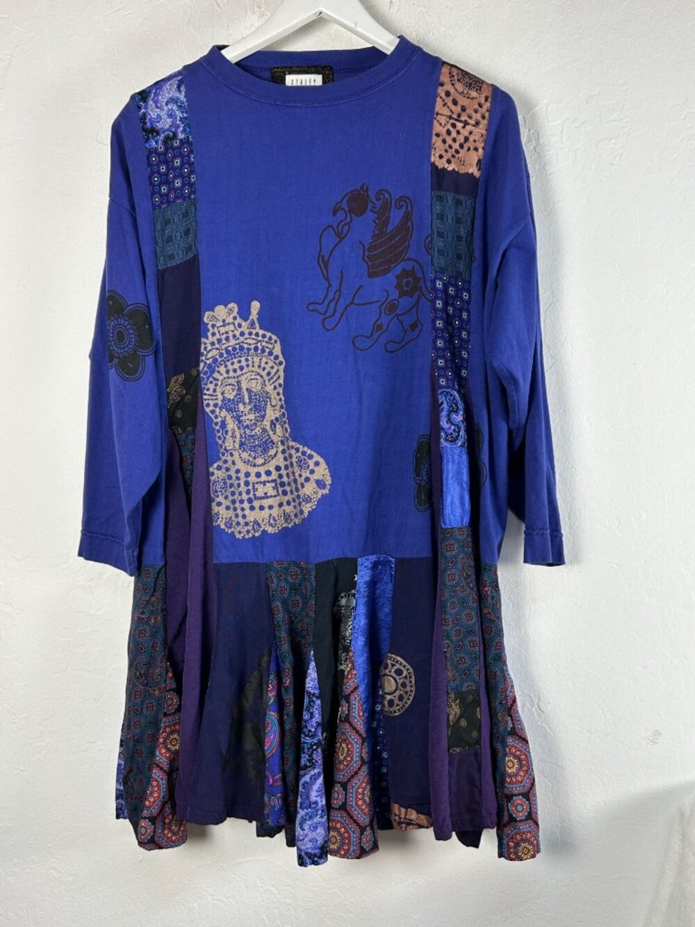 Staley Gretzinger Womens Boho Patchwork Pleated Tunic Dress Blue Art To Wear